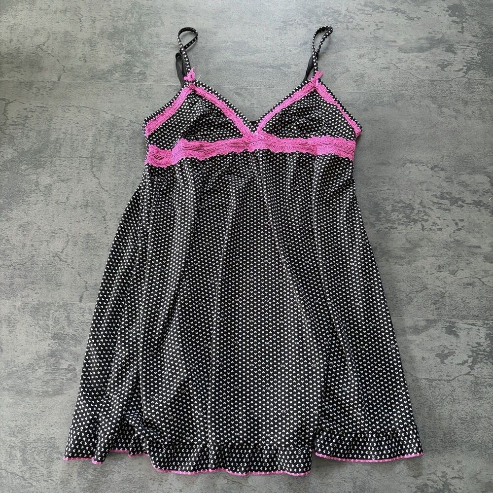 Vintage Y2K XOXO Black Pink Lace Trim Babydoll Heart Slip Dress size L